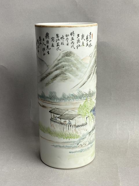 古玩陶瓷淺絳名家山水人物紋帽筒真品鑒賞圖