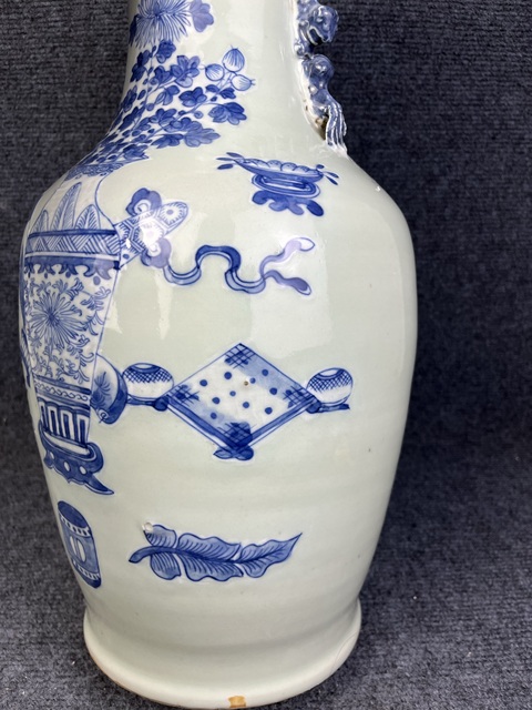 古玩陶瓷豆青青花博古花卉紋大瓶拍賣,當前價格3888元