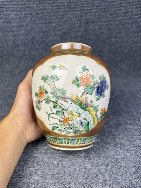 古玩陶瓷紫金釉開窗五彩洞石花鳥紋將軍罐拍賣,當前價格3988元