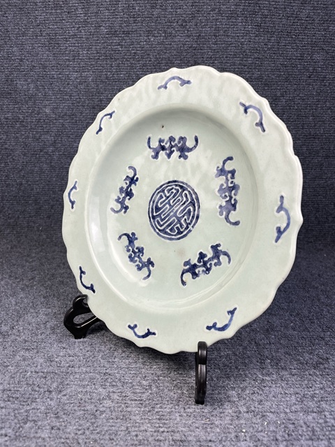 古玩陶瓷豆青青花五福捧壽紋花口盤拍賣,當前價格1588元
