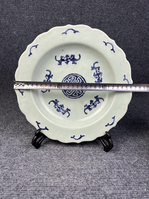 古玩陶瓷豆青青花五福捧壽紋花口盤拍賣,當前價格1588元