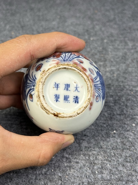 古玩陶瓷青花釉里紅蓮池鴛鴦紋印色盒拍賣,當前價格8888元