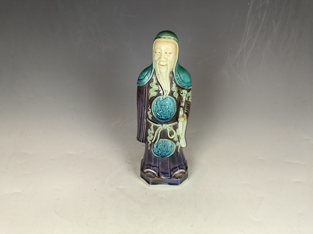 古玩陶瓷民國茄皮紫孔雀藍(lán)祿星雕塑真品鑒賞圖