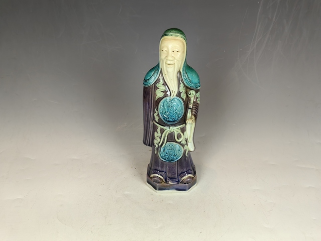 古玩陶瓷民國茄皮紫孔雀藍(lán)祿星雕塑真品鑒賞圖