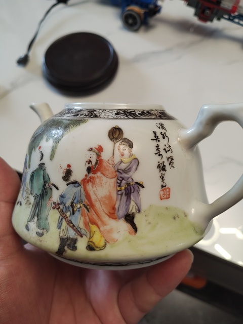 古玩陶瓷粉彩文王訪賢圖茶壺真品鑒賞圖