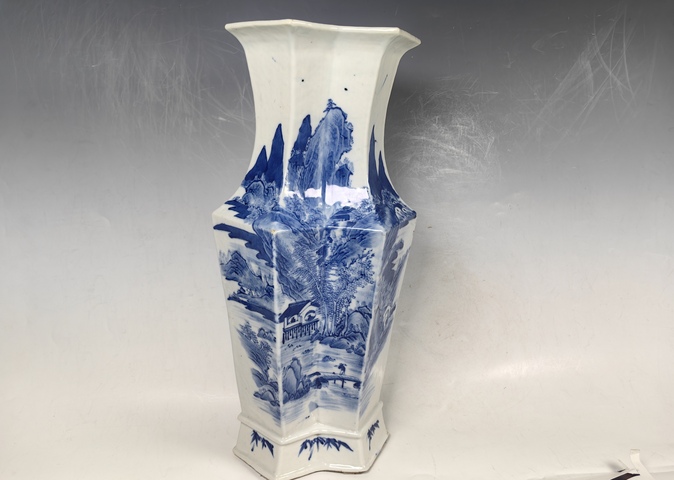 古玩陶瓷清中漁樵耕讀風景山水詩文雙聯瓶真品鑒賞圖