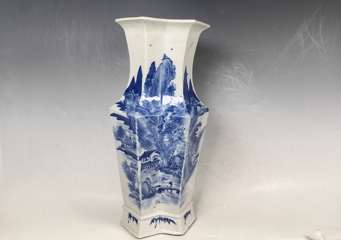 古玩陶瓷清中漁樵耕讀風景山水詩文雙聯瓶真品鑒賞圖