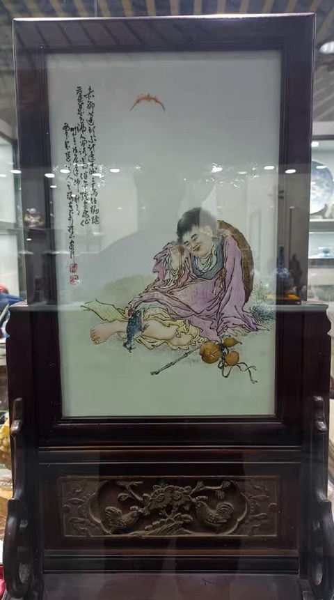古玩陶瓷王琦 粉彩劉海戲金蟾瓷板真品鑒賞圖
