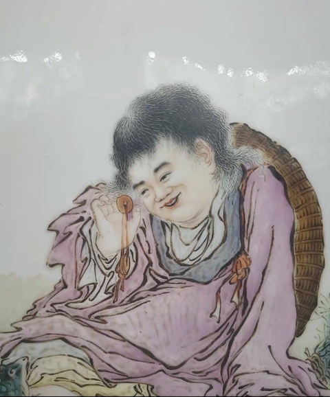 古玩陶瓷王琦 粉彩劉海戲金蟾瓷板真品鑒賞圖