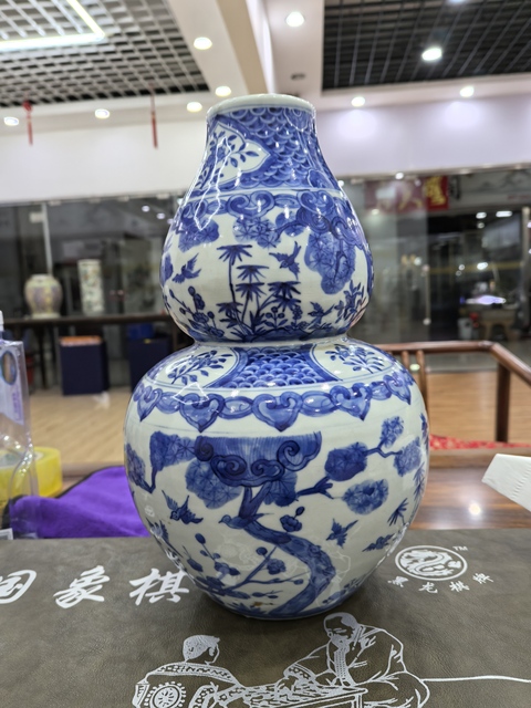 古玩陶瓷日本江戶青花花鳥紋葫蘆瓶真品鑒賞圖