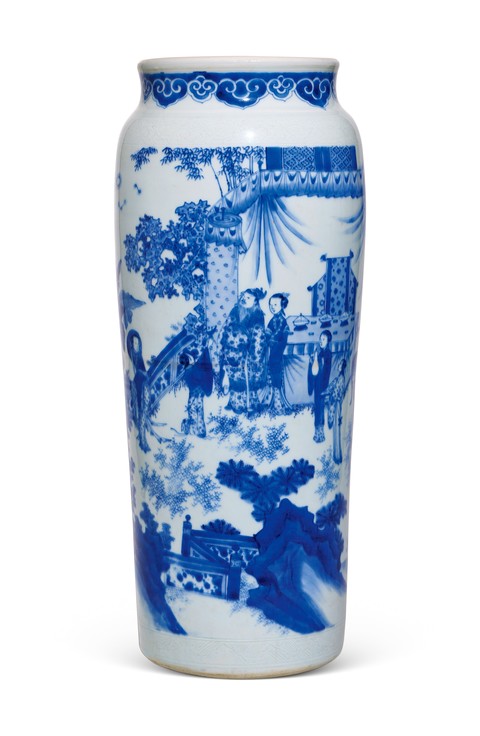 古玩陶瓷明代崇禎時(shí)期青花人物故事筒瓶真品鑒賞圖