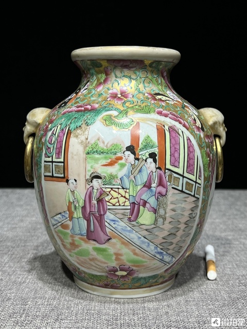 古玩陶瓷廣彩人物花鳥獸耳瓶真品鑒賞圖