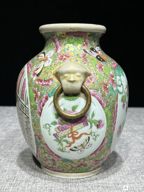 古玩陶瓷廣彩人物花鳥獸耳瓶真品鑒賞圖