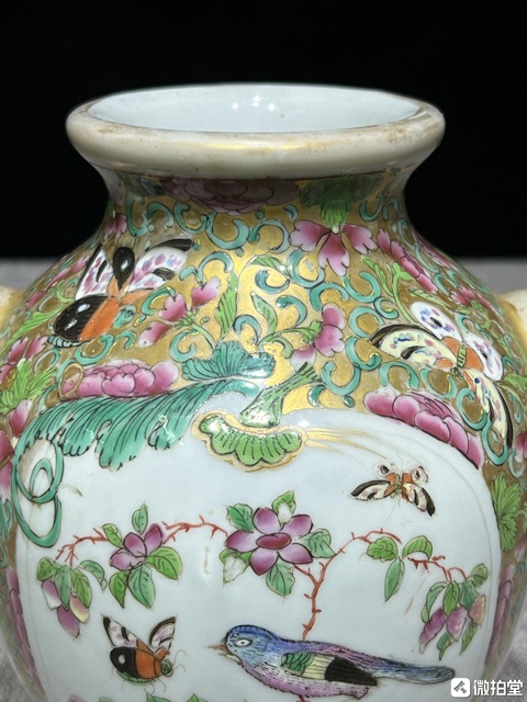 古玩陶瓷廣彩人物花鳥獸耳瓶真品鑒賞圖