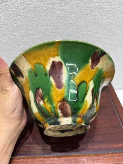 古玩陶瓷虎皮三彩撇口碗真品鑒賞圖
