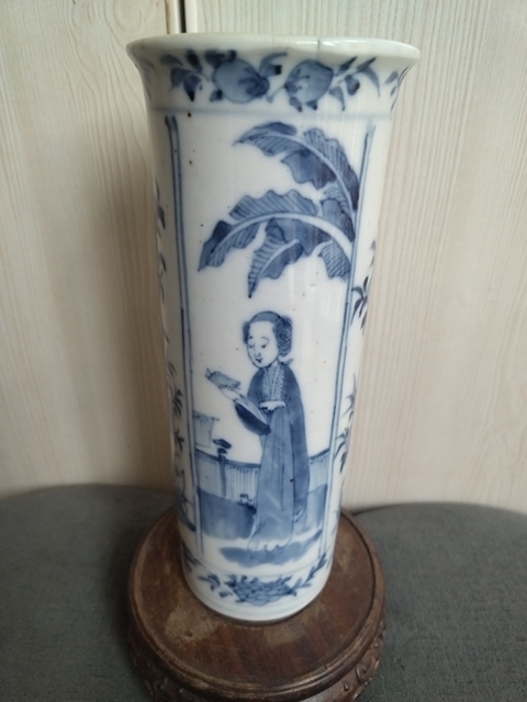 古玩陶瓷仕女花鳥紋青花花觚真品鑒賞圖