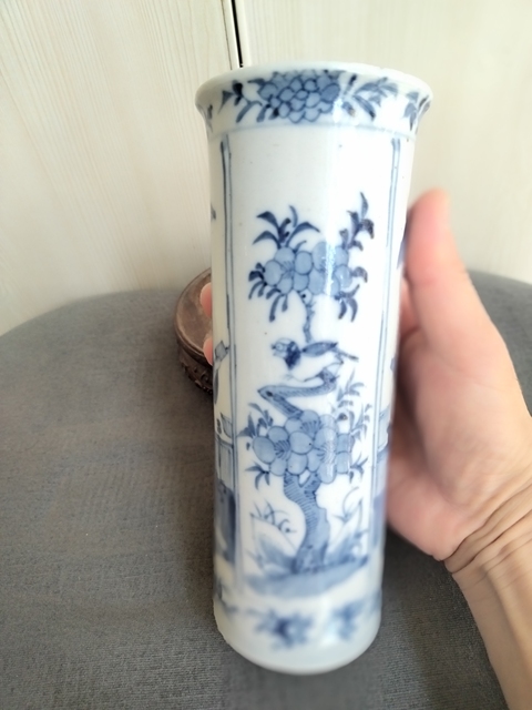 古玩陶瓷仕女花鳥紋青花花觚真品鑒賞圖