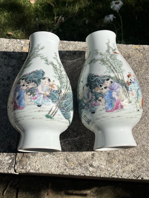 古玩陶瓷粉彩嬰戲圖琵琶尊真品鑒賞圖