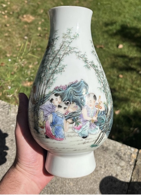 古玩陶瓷粉彩嬰戲圖琵琶尊真品鑒賞圖