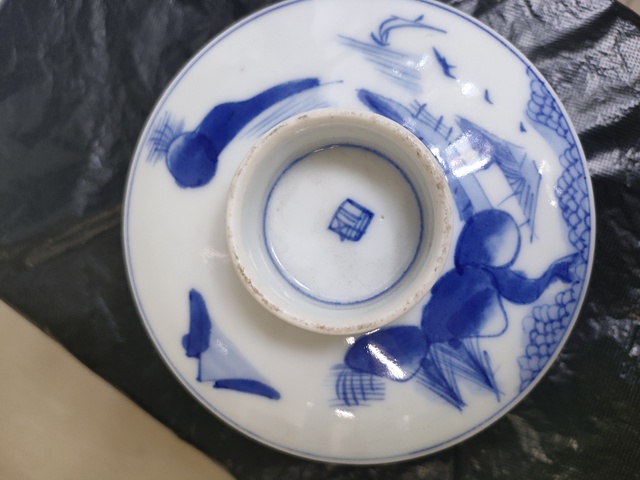 古玩陶瓷日本明治青花山水人物蓋碗真品鑒賞圖