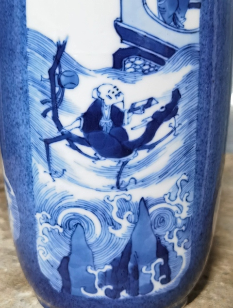 古玩陶瓷灑藍釉開光青花棒槌瓶真品鑒賞圖
