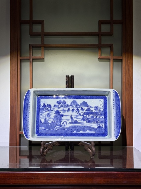古玩陶瓷青花山水人物紋四方折沿盤拍賣,當前價格4000元