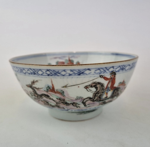 古玩陶瓷青花加彩狩獵圖蓮子碗真品鑒賞圖