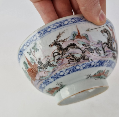 古玩陶瓷青花加彩狩獵圖蓮子碗真品鑒賞圖