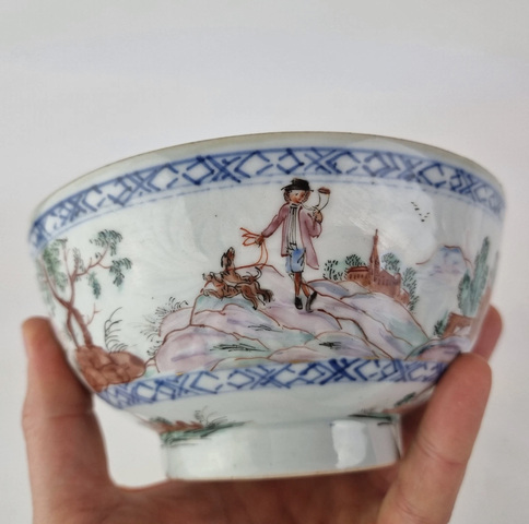 古玩陶瓷青花加彩狩獵圖蓮子碗真品鑒賞圖