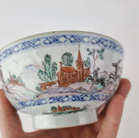 古玩陶瓷青花加彩狩獵圖蓮子碗真品鑒賞圖