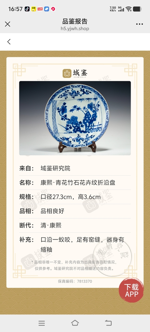 古玩陶瓷青花洞石花卉紋折沿盤真品鑒賞圖