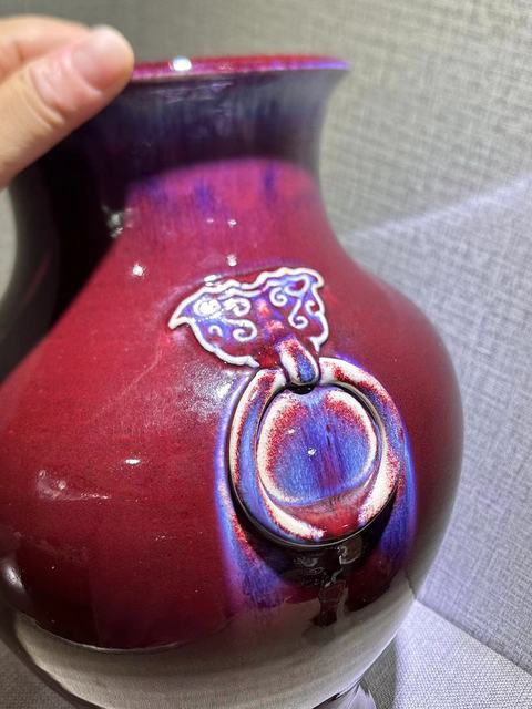 古玩陶瓷鈞紅窯變釉鋪首尊真品鑒賞圖