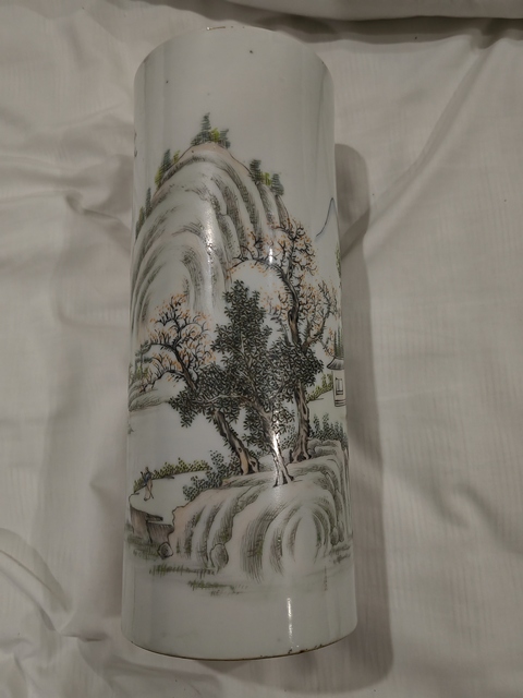 古玩陶瓷高心田款山水紋帽筒真品鑒賞圖