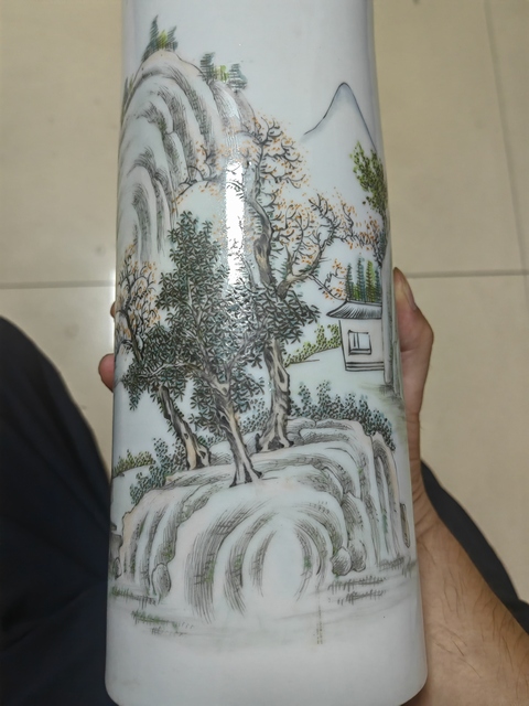 古玩陶瓷高心田款山水紋帽筒真品鑒賞圖