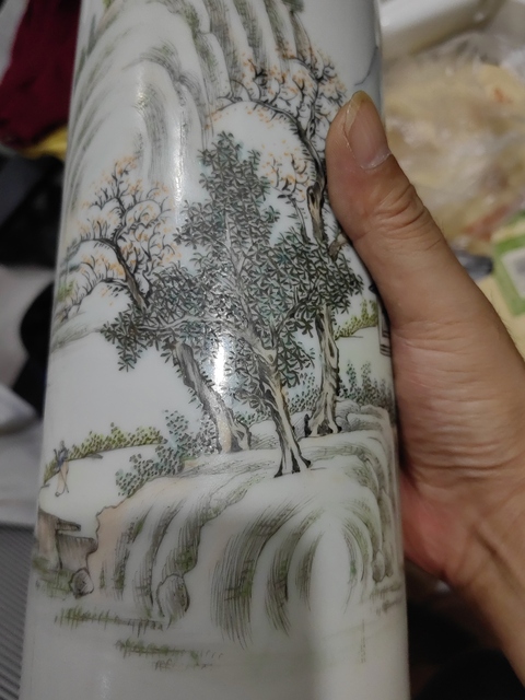 古玩陶瓷高心田款山水紋帽筒真品鑒賞圖