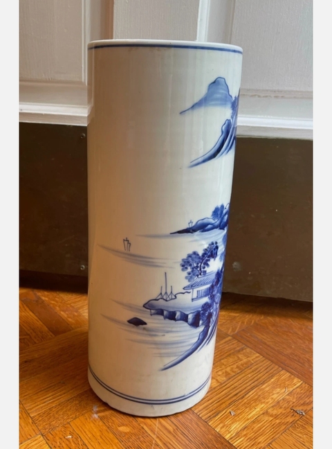 古玩陶瓷民國山水紋青花帽筒真品鑒賞圖