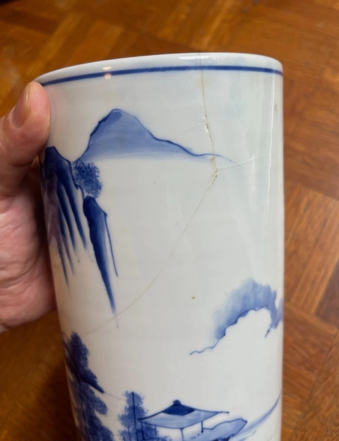 古玩陶瓷民國山水紋青花帽筒真品鑒賞圖