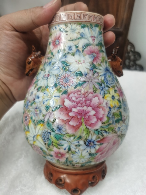 古玩陶瓷粉彩百花不落地鹿頭尊真品鑒賞圖