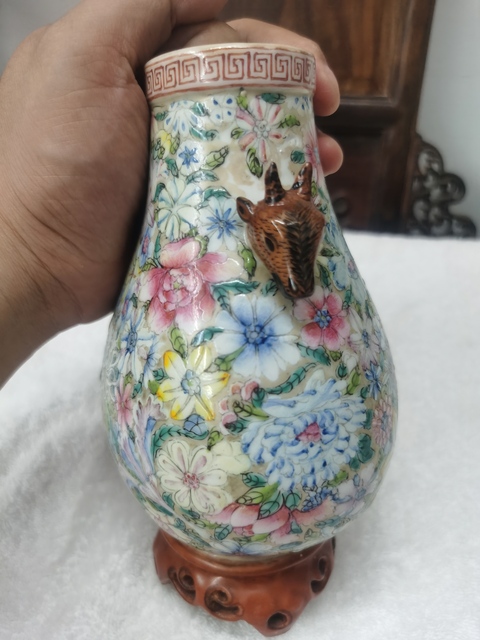 古玩陶瓷粉彩百花不落地鹿頭尊真品鑒賞圖