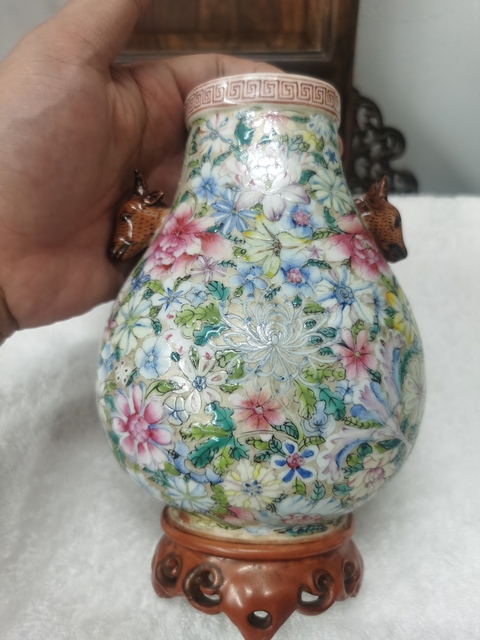 古玩陶瓷粉彩百花不落地鹿頭尊真品鑒賞圖