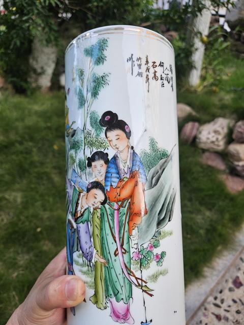 古玩陶瓷油粉彩仕女人物帽筒真品鑒賞圖