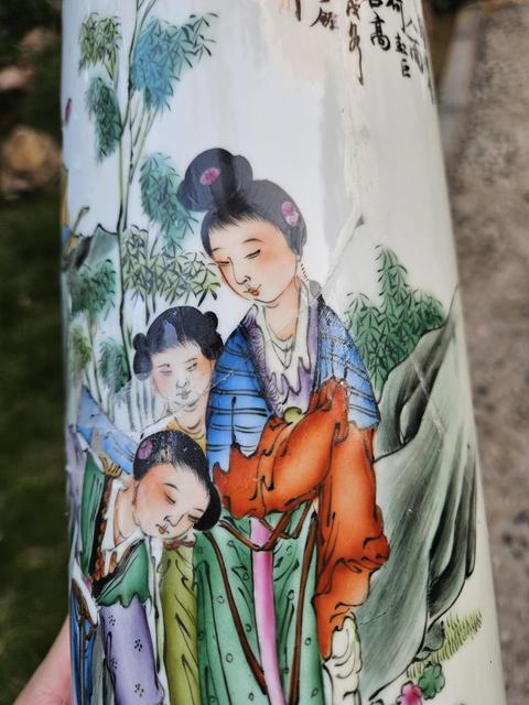 古玩陶瓷油粉彩仕女人物帽筒真品鑒賞圖