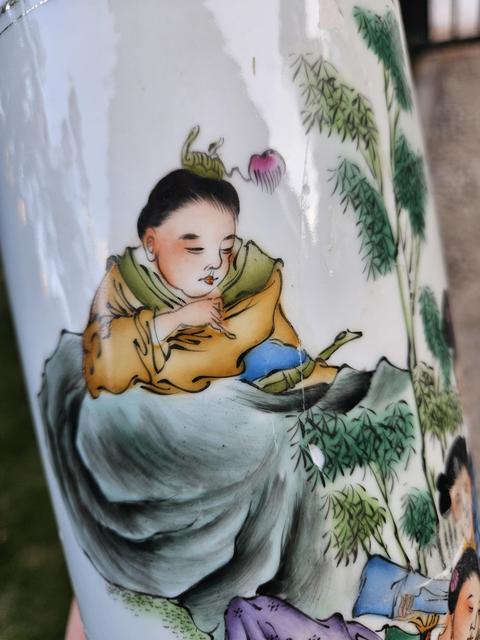 古玩陶瓷油粉彩仕女人物帽筒真品鑒賞圖