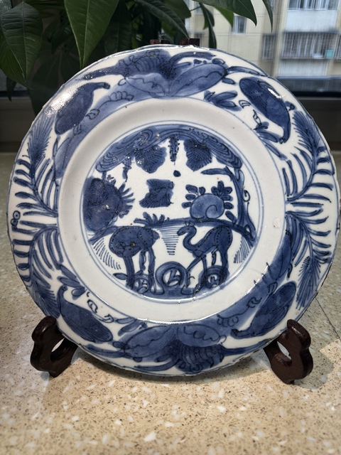 古玩陶瓷明晚期 青花雙鹿圖折沿盤真品鑒賞圖