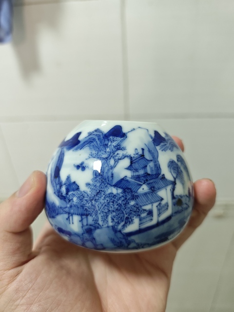 古玩陶瓷清晚期 青花山水紋雞心水盂真品鑒賞圖