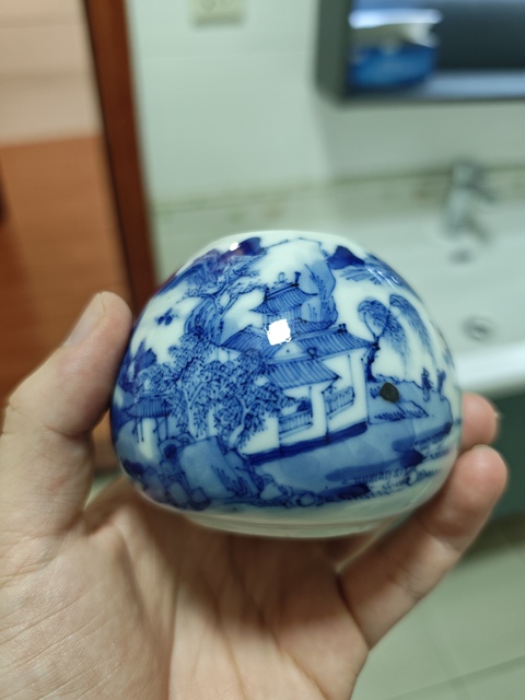 古玩陶瓷清晚期 青花山水紋雞心水盂真品鑒賞圖