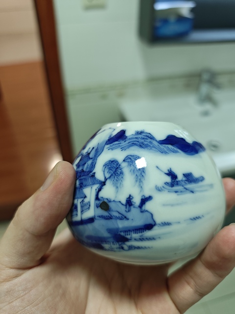 古玩陶瓷清晚期 青花山水紋雞心水盂真品鑒賞圖