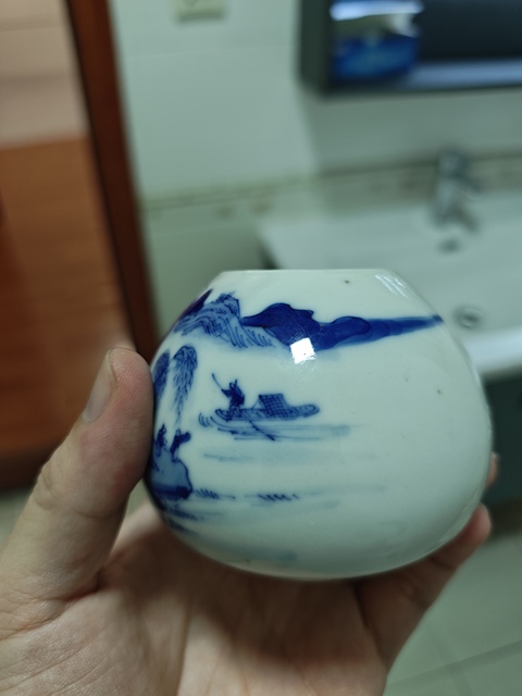 古玩陶瓷清晚期 青花山水紋雞心水盂真品鑒賞圖