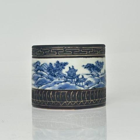 古玩陶瓷青花山水紋筆筒真品鑒賞圖