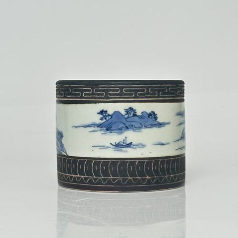 古玩陶瓷青花山水紋筆筒真品鑒賞圖